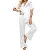 Ekouaer Silk Pajamas for Womens Set 2 Piece Satin Pjs Soft Button Down Sleepwear Wide Leg Long Pants with Pockets White